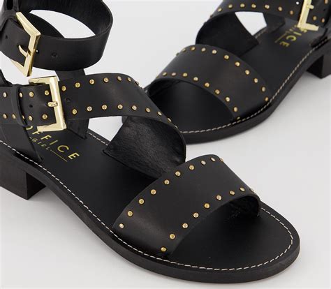 Office Sailing Buckle Sandals Black Leather With Gold Studs - Women’s Sandals