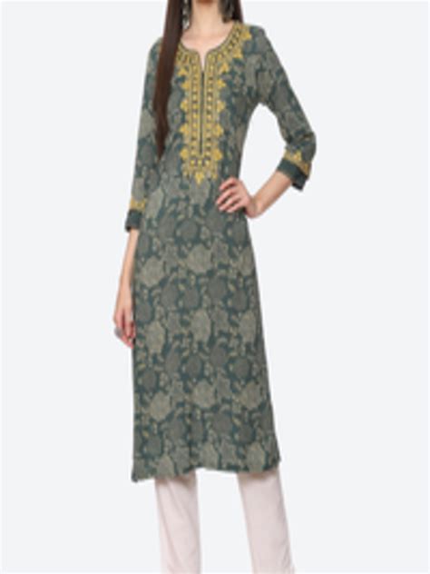 Buy Biba Women Green Floral Embroidered Thread Work Kurta Kurtas For