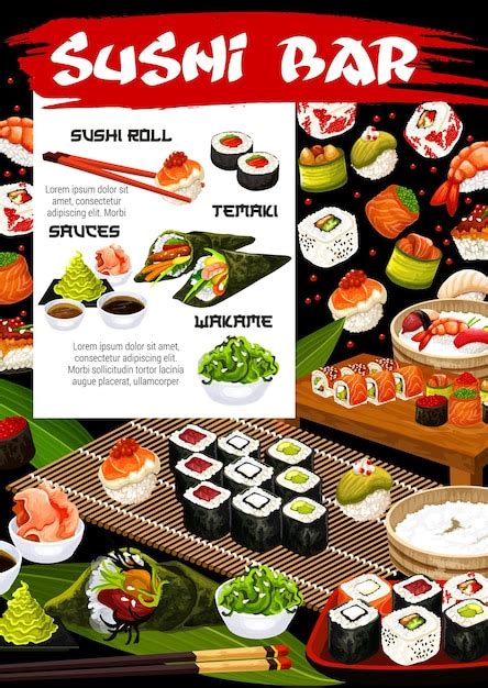 Premium Vector Japanese Sushi Rolls Seafood Temaki And Sauces