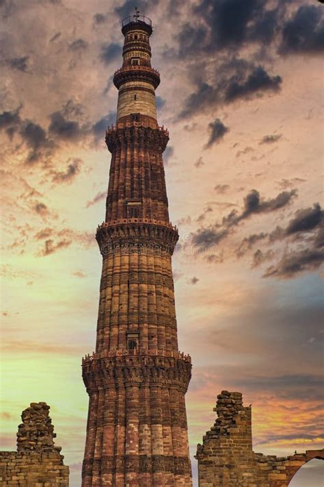 qutab minar  unesco world heritage site   delhi india stock