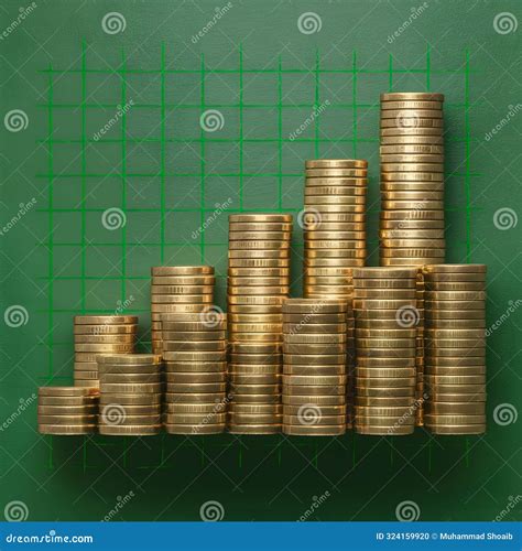 Conceptual Image Green Grid With Stacks Of Golden Coins Bar Chart