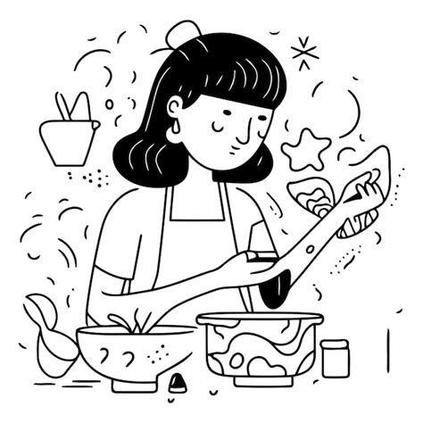 Mujer Cocinando En La Cocina En Estilo De Arte En L Nea Vector Premium