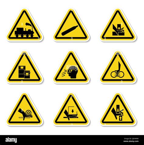 Triangular Warning Hazard Symbols Labels On White Background Stock