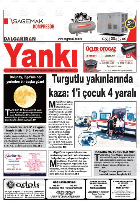 15 Temmuz 2022 tarihli Turgutlu Yankı Gazete Manşetleri