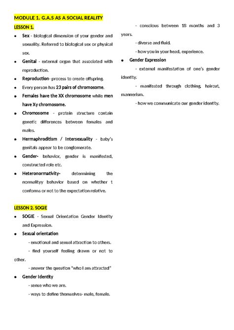 Gender And Society Reviewer Module G A As A Social Reality Lesson Sex Biological Studocu