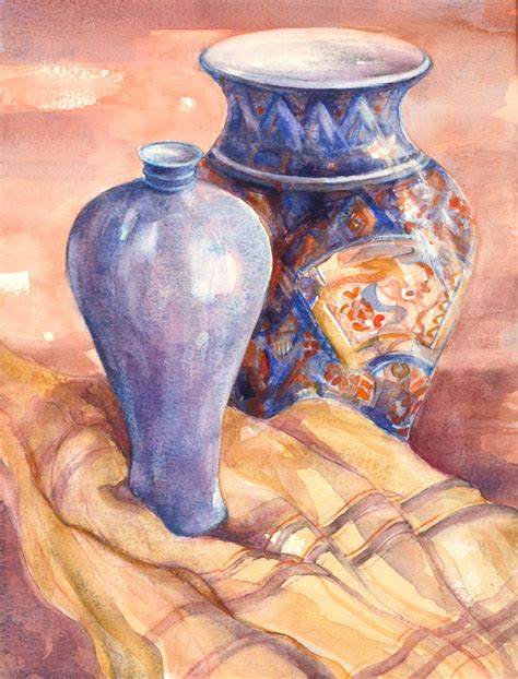 Julie Collino Th Century Watercolour Still Life With Blue Vases