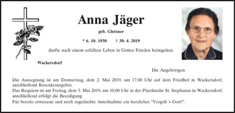 Traueranzeigen von Anna Jäger Mittelbayerische Trauer