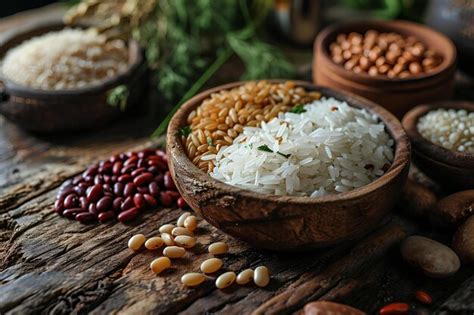 Arroz marrón y frijoles con vegetación fresca en el fondo Foto Premium