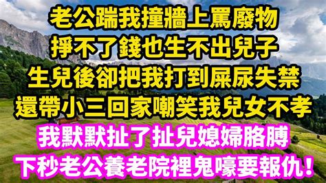 老公踹我撞牆上罵廢物，掙不了錢也生不出兒子，生兒後卻把我打到屎尿失禁，還帶小三回家嘲笑我兒女不孝，我默默扯了扯兒媳婦胳膊，下秒老公養老院裡鬼嚎