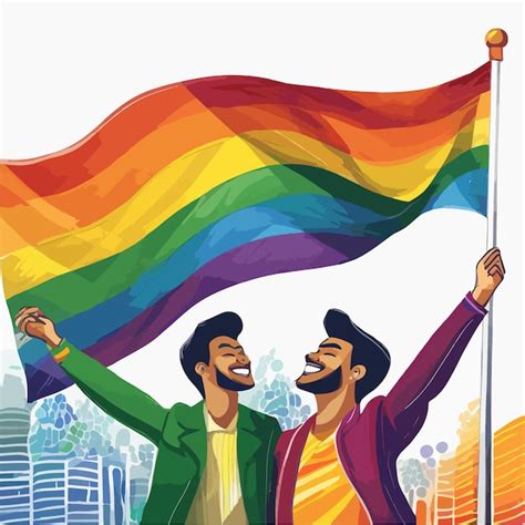 Ilustración vectorial de una pareja gay con una bandera lgbtq Vector