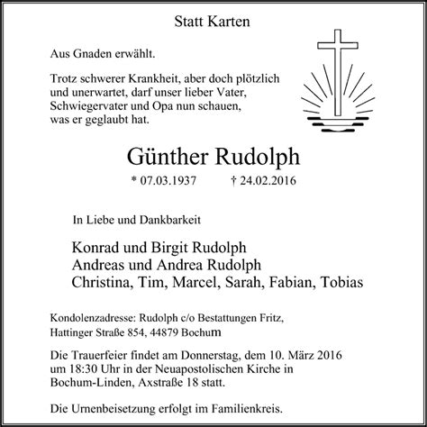 Traueranzeigen Von G Nther Rudolph Trauer In Nrw De