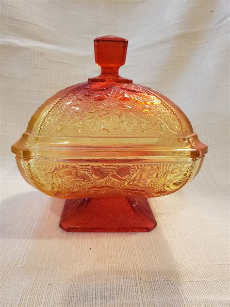 Vintage Unsigned Amber Carnival Glass Raised Pedestal Candy Dish Pressed Glass Fall Leaf Pattern