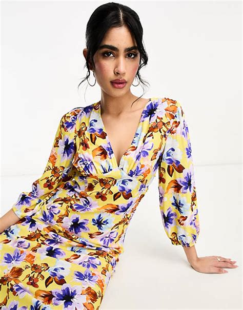 Y A S V Neck Midi Dress In Orange Floral Print Asos