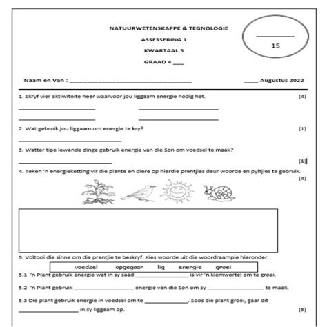 Natuurwetenskap En Tegnologie Graad Kwartaal Assessering Toets