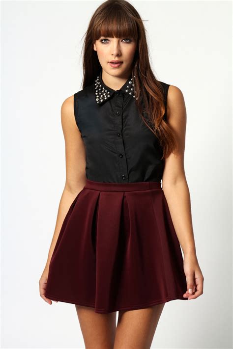 Boohoo Womens Ladies Katty Scuba Box Pleat Short Skater Skirt Ebay