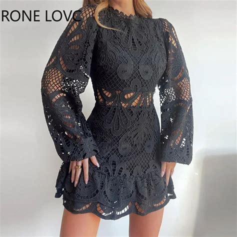 Women Elegant Solid Lace Hollow Out Lantern Sleeves Ruffle Hem Mini A