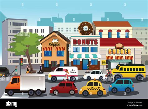 A Vector Illustration Of Busy City In The Morning Stock Vector Image