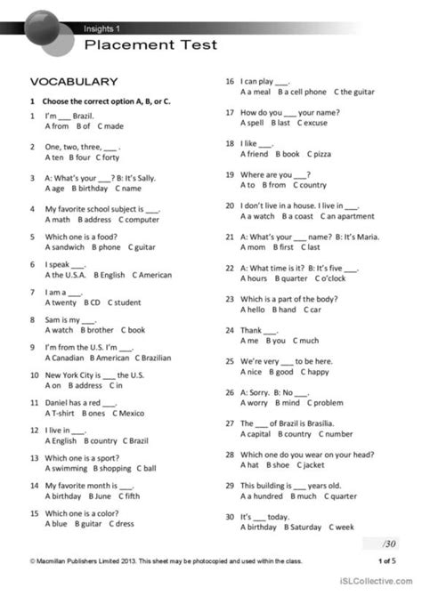 59 Placement English Esl Worksheets Pdf And Doc