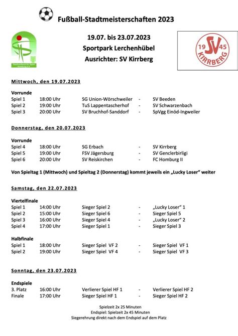 Spielplan Der Fu Ball Stadtmeisterschaften Stadtverband F R