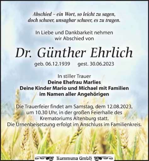 Traueranzeigen von Günther Ehrlich trauer anzeigen de