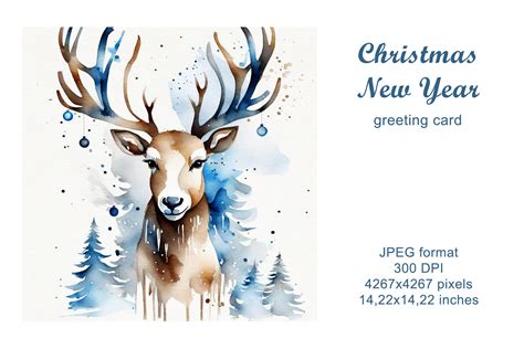 Christmas Reindeer Watercolor Illustration Greeting Card Winter By