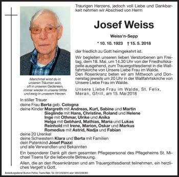 Traueranzeigen Von Josef Weiss Trauer Bz