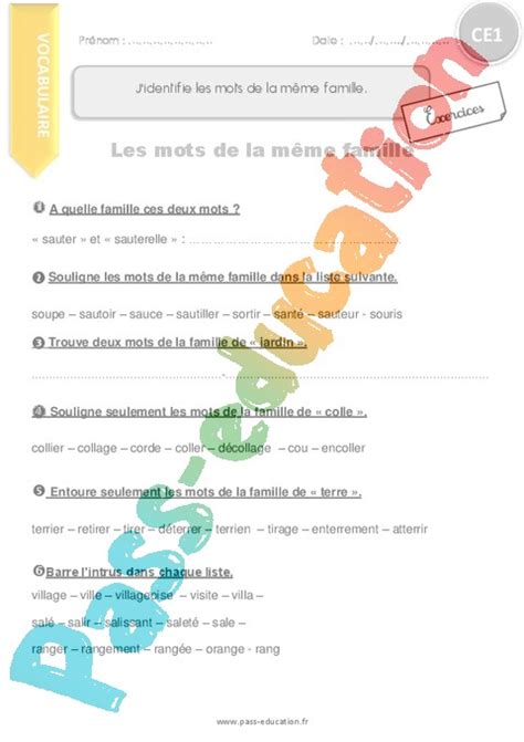 Familles De Mots Ce Cycle Exercice Valuation R Vision Le On 50976 The