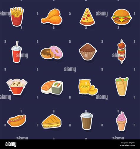 Fast Food Icons Set Stikers Collection Vector With Shadow On Purple Background Stock Vector