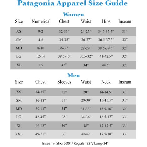 Patagonia Shoe Size Chart: A Visual Reference of Charts | Chart Master