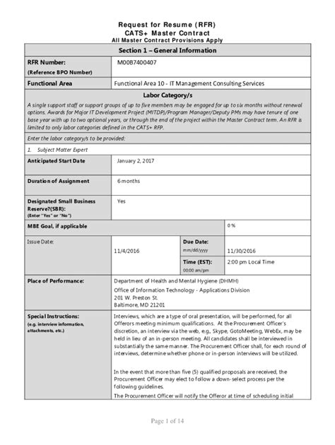 Fillable Online Doit Maryland Request For Resume Rfr Maryland