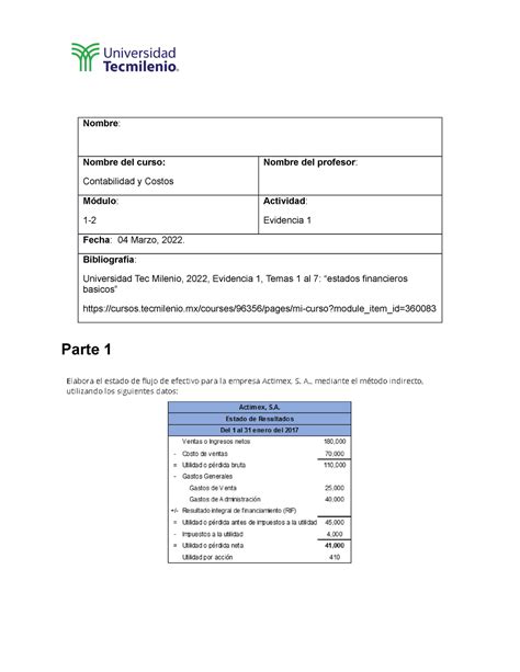 Evidencia De La Materia Contabilidad Y Costos De Tecmilenio