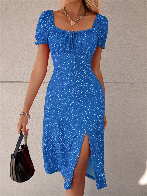 SHEIN VCAY Polka Dot Puff Sleeve Tie Front Ruched Bust Slit Hem Dress