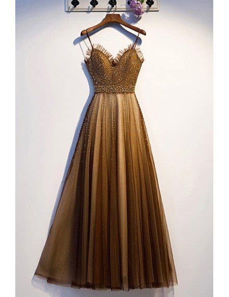 Brown Tulle Sparkly Beaded Long Prom Dress With Straps Myx67013