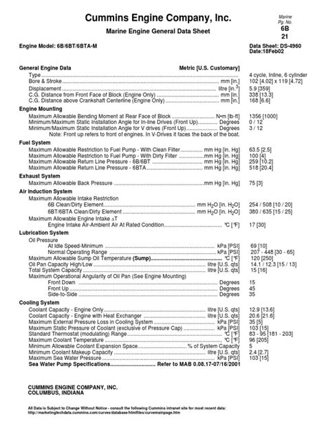 Cummins General Engine Data Sheet 6b 6bt 6bta Coolant Engines