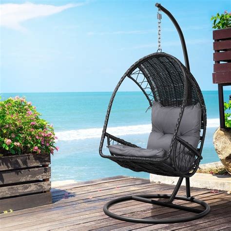 Gardeon Outdoor Egg Swing Chair Wicker Furniture Pod Stand Armrest Black Big W