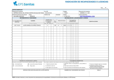 Planilla Radicacion De Incapacidades Y Licencias Laura Daniela Olivares