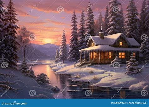 Winter Landscape With A Cozy Wooden Cabin Among Snow Covered Pine Trees