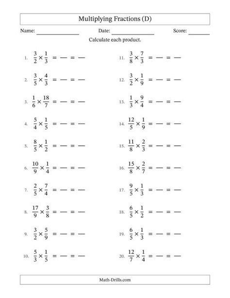 Multiplying Proper And Improper Fractions With All Simplification Fillable D