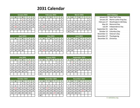 Printable 2031 Calendar with Federal Holidays | WikiDates.org