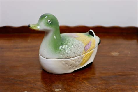 Vintage Ceramic Ducks Painted Duck Lidded Trinket Dish Or Etsy