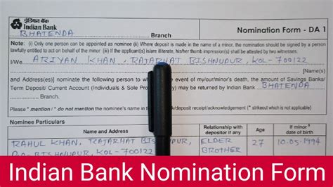 Indian Bank Nomination Form Fill Up Indian Bank Nomination Form Da 1