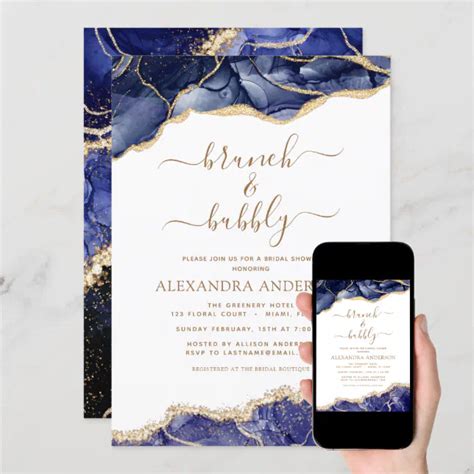 Agate Navy Blue Gold Brunch And Bubbly Bridal Shower Invitation Zazzle