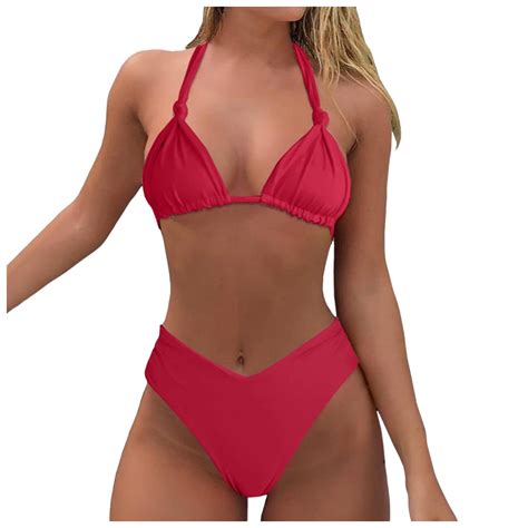 Fulorrnie Bikini Set For Women Solid Halter Neck Push Up High Leg Thong