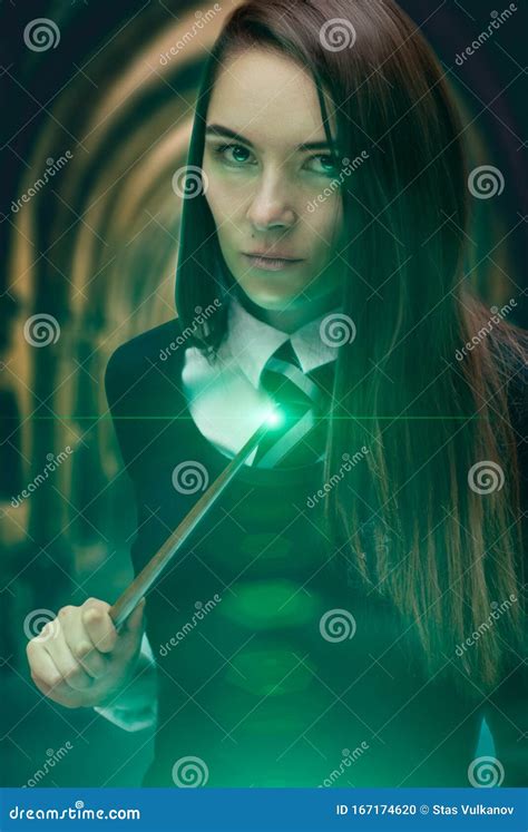 The Girl Wizard With A Magic Wand Dark Magic Stock Photo Image Of