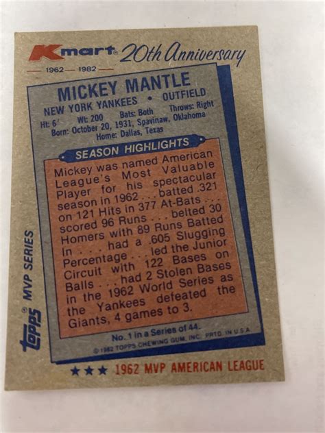 Mickey Mantle Topps Kmart Th Anniversary Mvp A L Cards