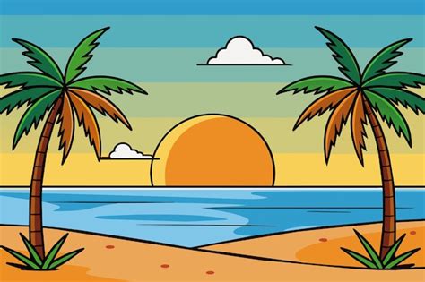 Una Caricatura De Una Playa Con Palmeras Y Una Escena De Playa Vector