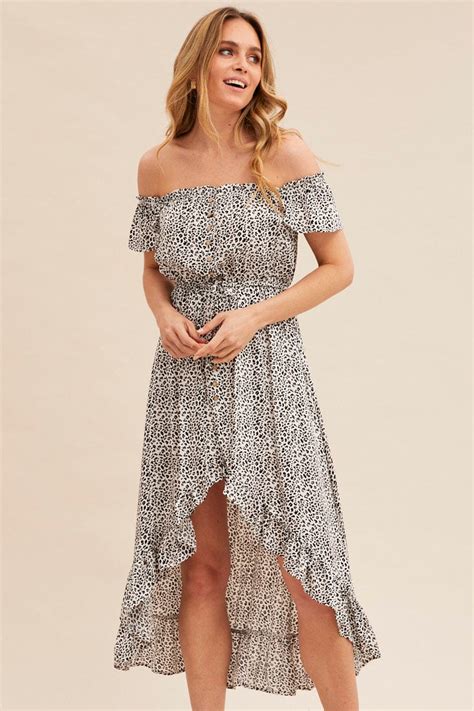 Print Midi Dress Short Sleeve Shirred Off Shoulder Ally Fashion