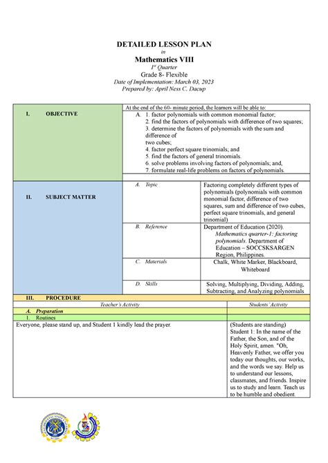 Print Dlp Math 124 Detailed Lesson Plan Detailed Lesson Plan In Mathematics Viii 1 St