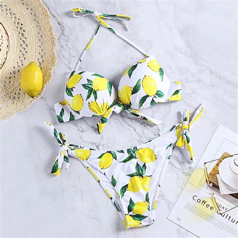 Women Bikini Set Halter Neck Lemon Bikini Set Print Backless Knotted