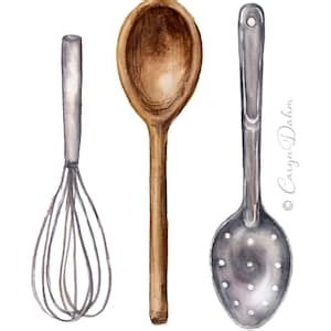 Kitchen Utensils Watercolor Art, Wooden Spoon, Whisk and Slotted Spoon ...